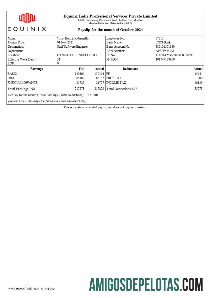 Em branco Modelo de recibo de pagamento de serviços profissionais da Equinix Índia em formatos Word e PDF.pdf, 1
